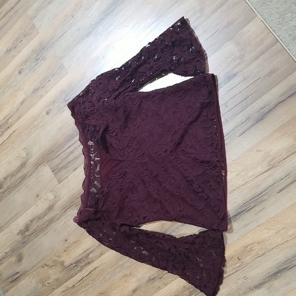 ADRIANNA PAPELL Brown Wide Neckline Off Shoulder Flare Sleeve Lace Shirt Top - Picture 3 of 14